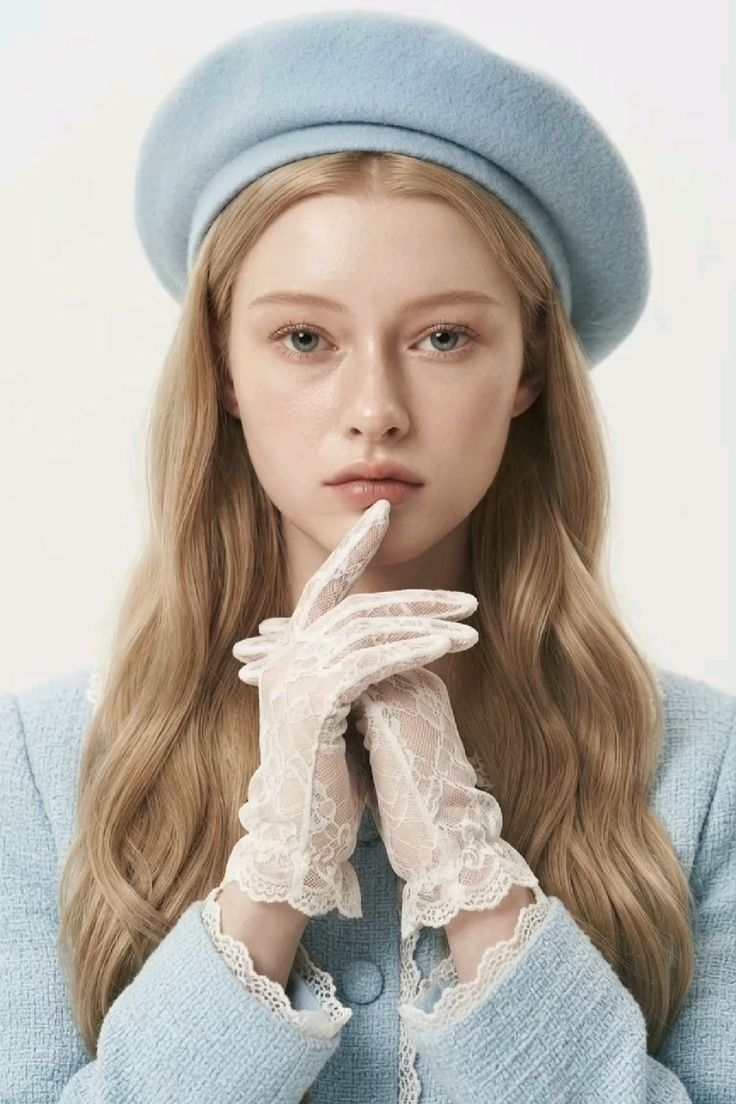 Woman with blonde hair wearing a blue beret and lace gloves
