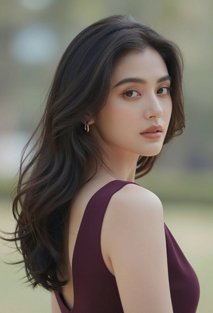Woman with long dark hair wearing a maroon dress and gold earrings
