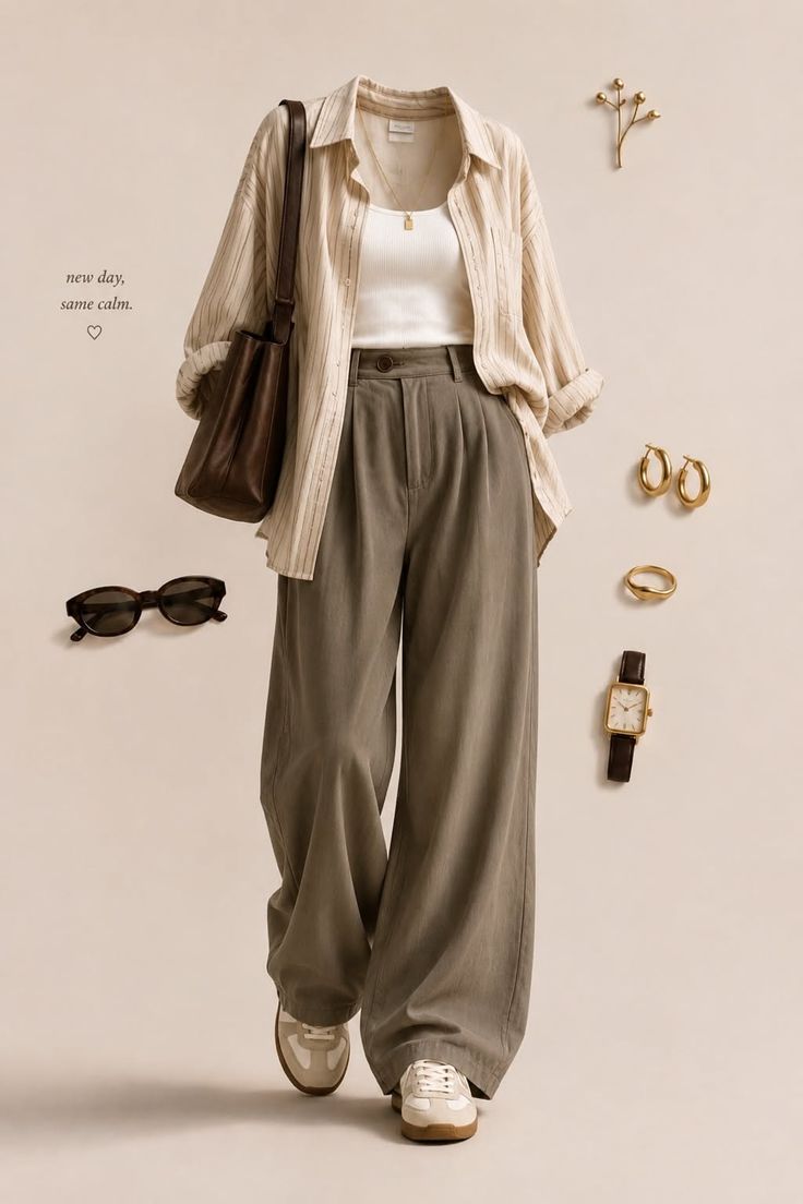 Casual outfit with wide leg pants, striped shirt, and accessories