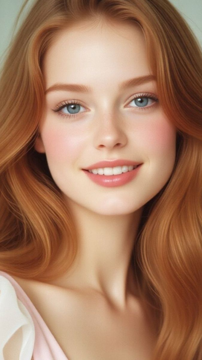 Smiling woman with long red hair and blue eyes in a soft-lit portrait