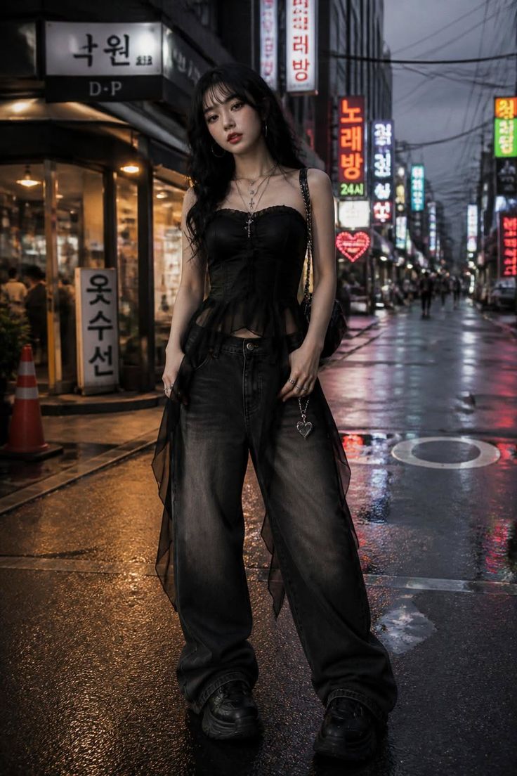Woman in a black strapless top and wide leg jeans on a wet street at night