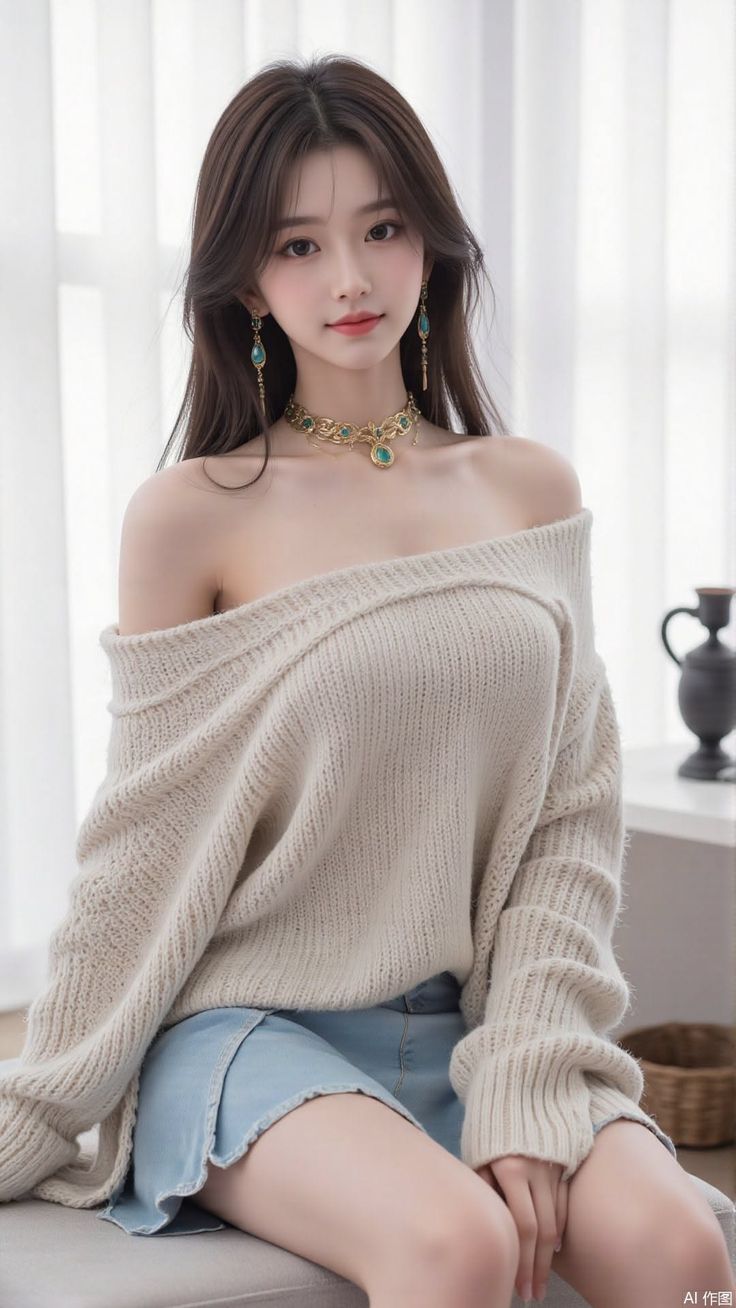 Woman with long hair wearing an off-shoulder sweater and denim skirt