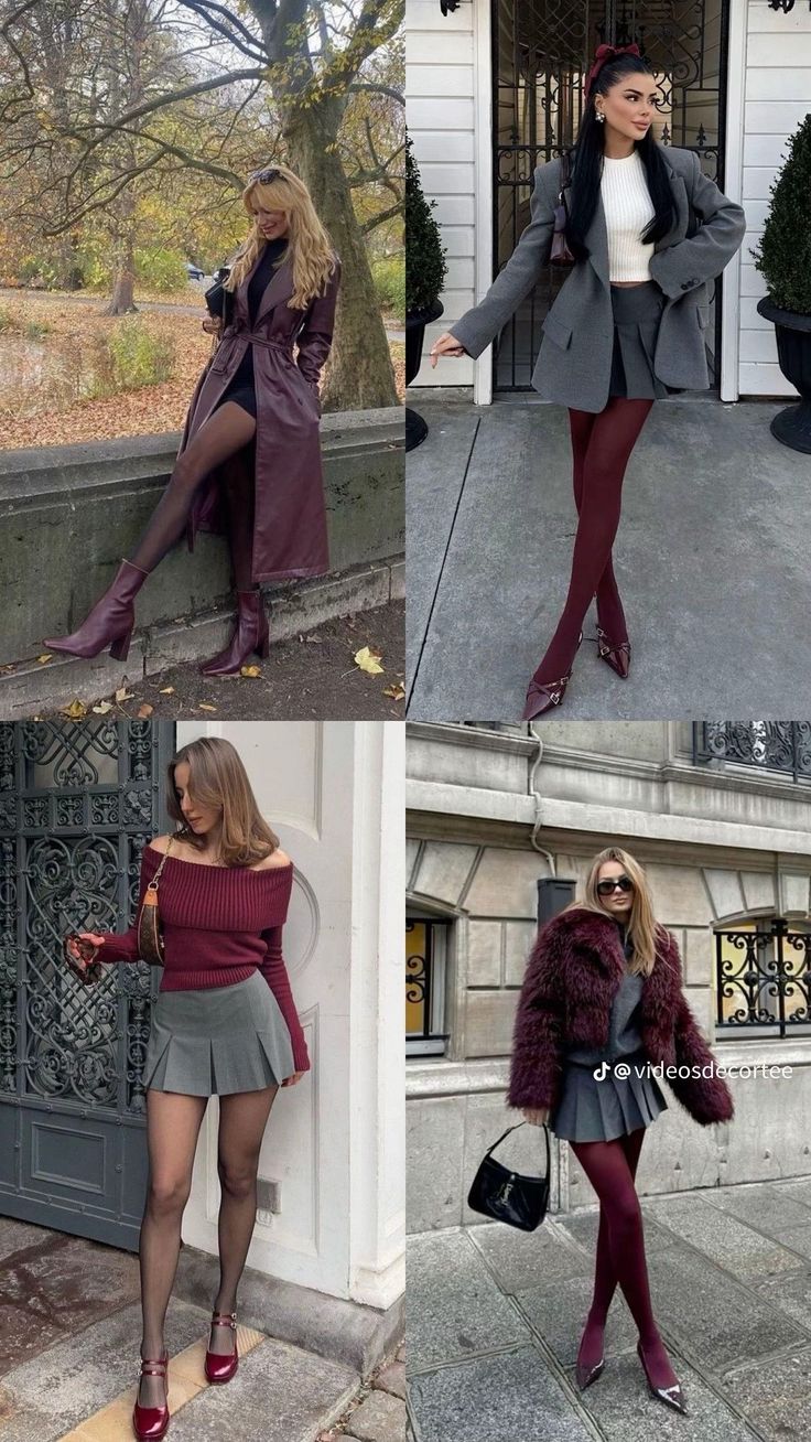 Four women showcasing different autumn fashion outfits with skirts and tights