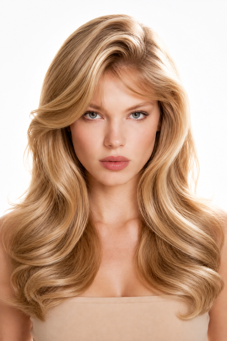 Woman with long wavy blonde hair and blue eyes looking directly at the viewer