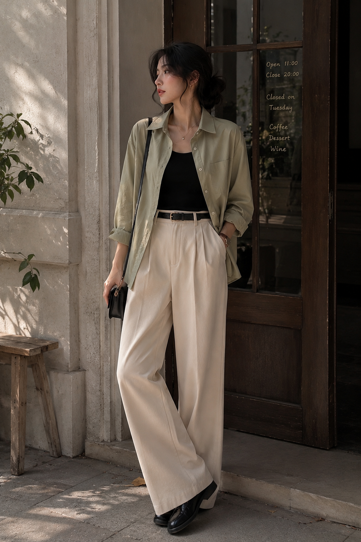 Woman with long hair wearing a loose shirt and wide leg pants outdoors