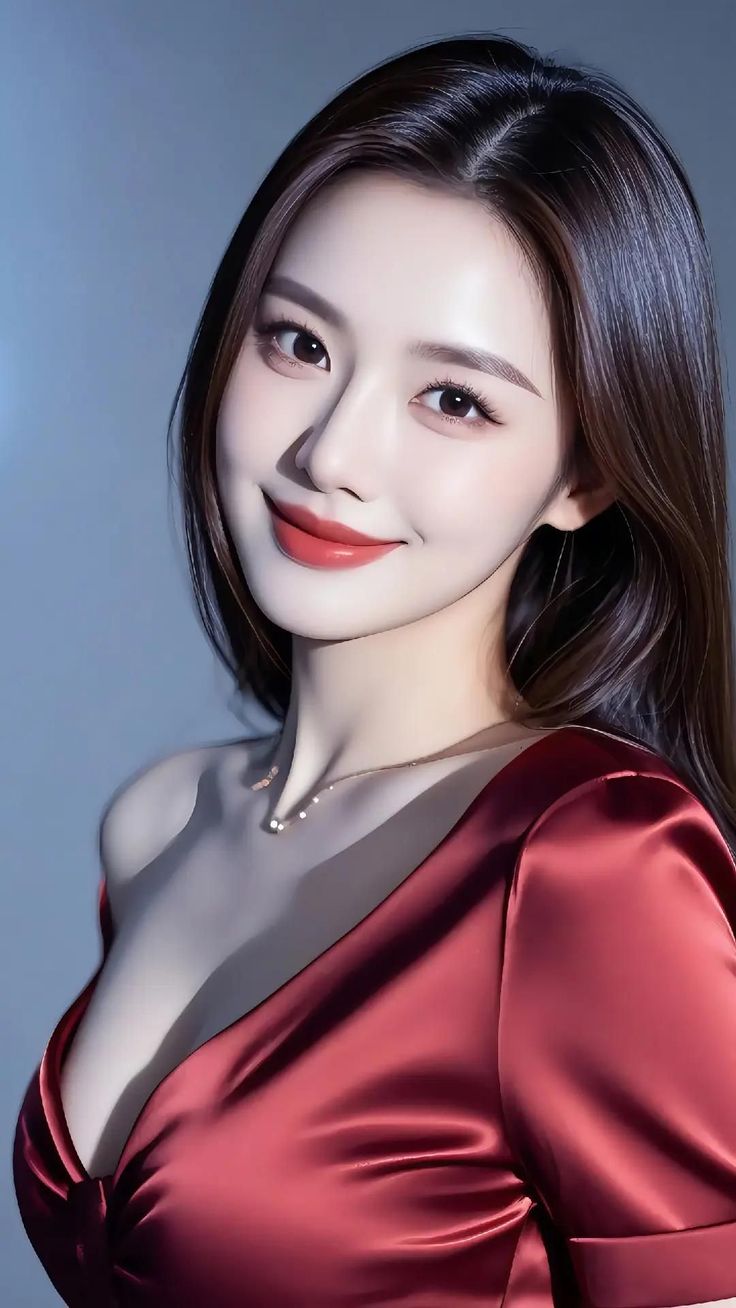 Woman with long hair in a red dress with a necklace