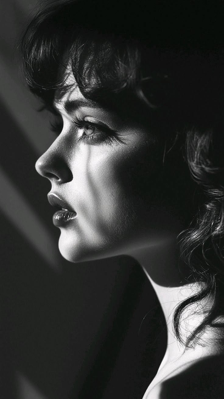 Black and white profile portrait with dramatic lighting and shadows