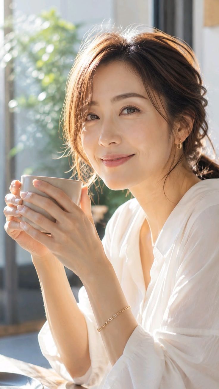 Woman with brown hair holding a cup, smiling in soft lighting