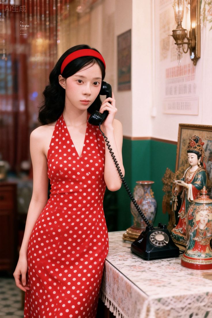 Woman in a red polka dot dress and headband holding a vintage telephone indoors