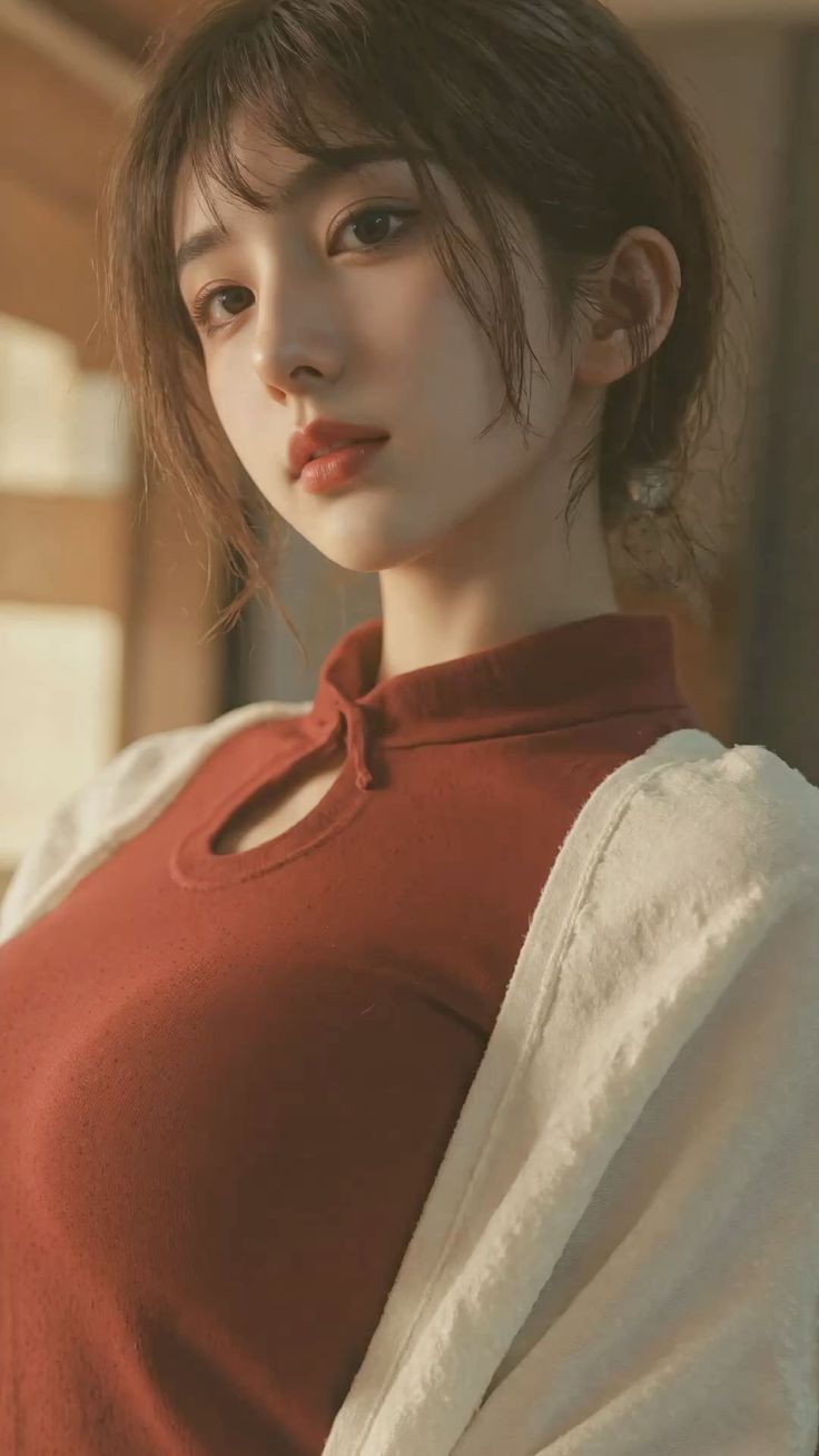 Woman in a red top and white cardigan with soft lighting