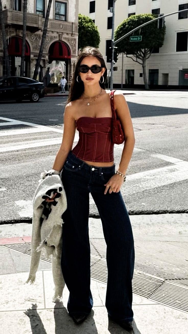 Woman in a red corset top and wide leg pants on a city street