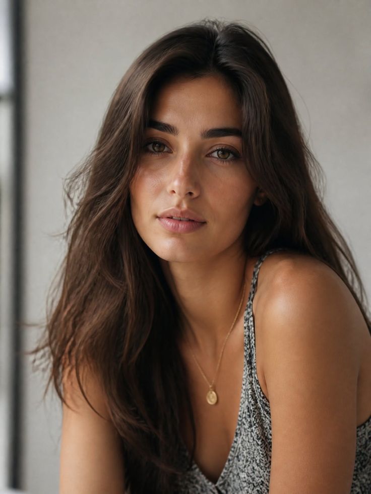 Woman with long brown hair and a gold necklace looking at the camera