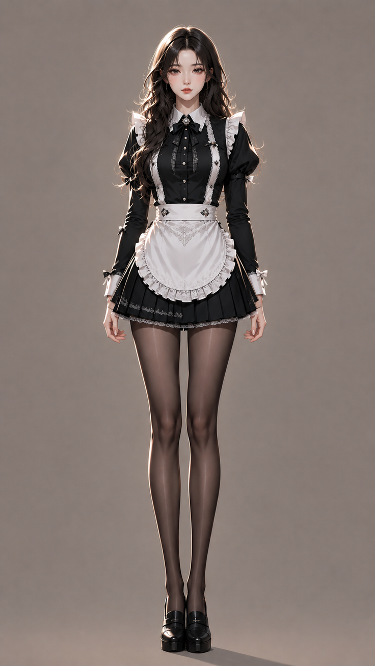 Woman in a black and white maid outfit with long dark hair