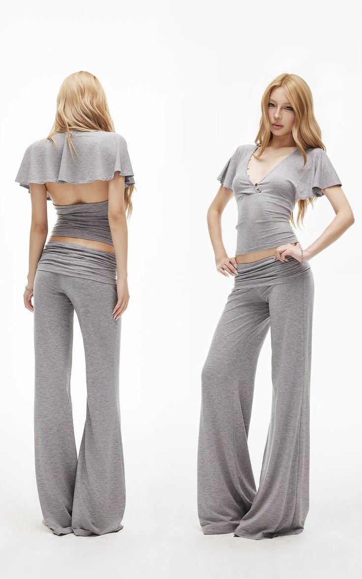 Two full body shots of a woman in a gray top and bell bottom pants