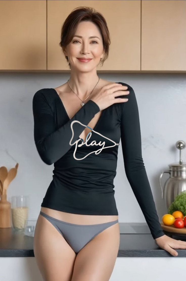 Woman in a black top and gray underwear in a kitchen