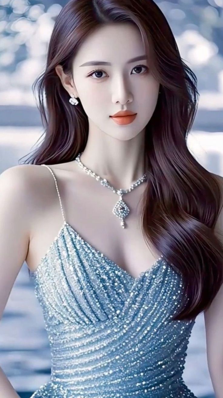 Woman with long brown hair wearing a sparkly blue dress and jewelry