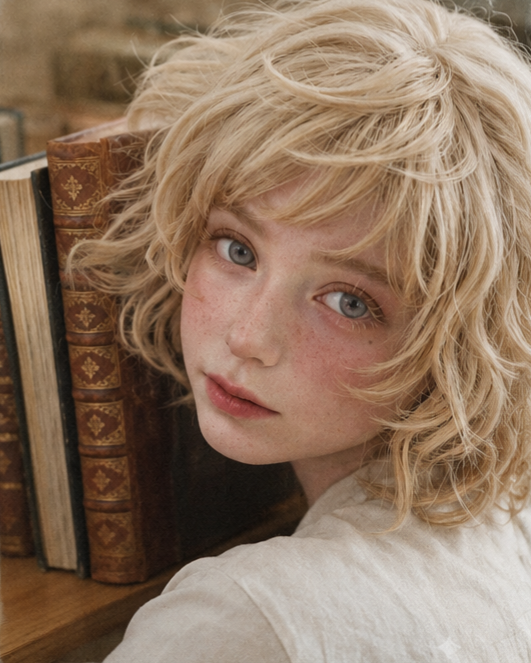 Close up portrait of a person with blonde curly hair and freckles next to books