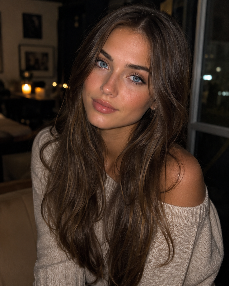 Woman with long brown hair and blue eyes wearing an off-shoulder sweater indoors