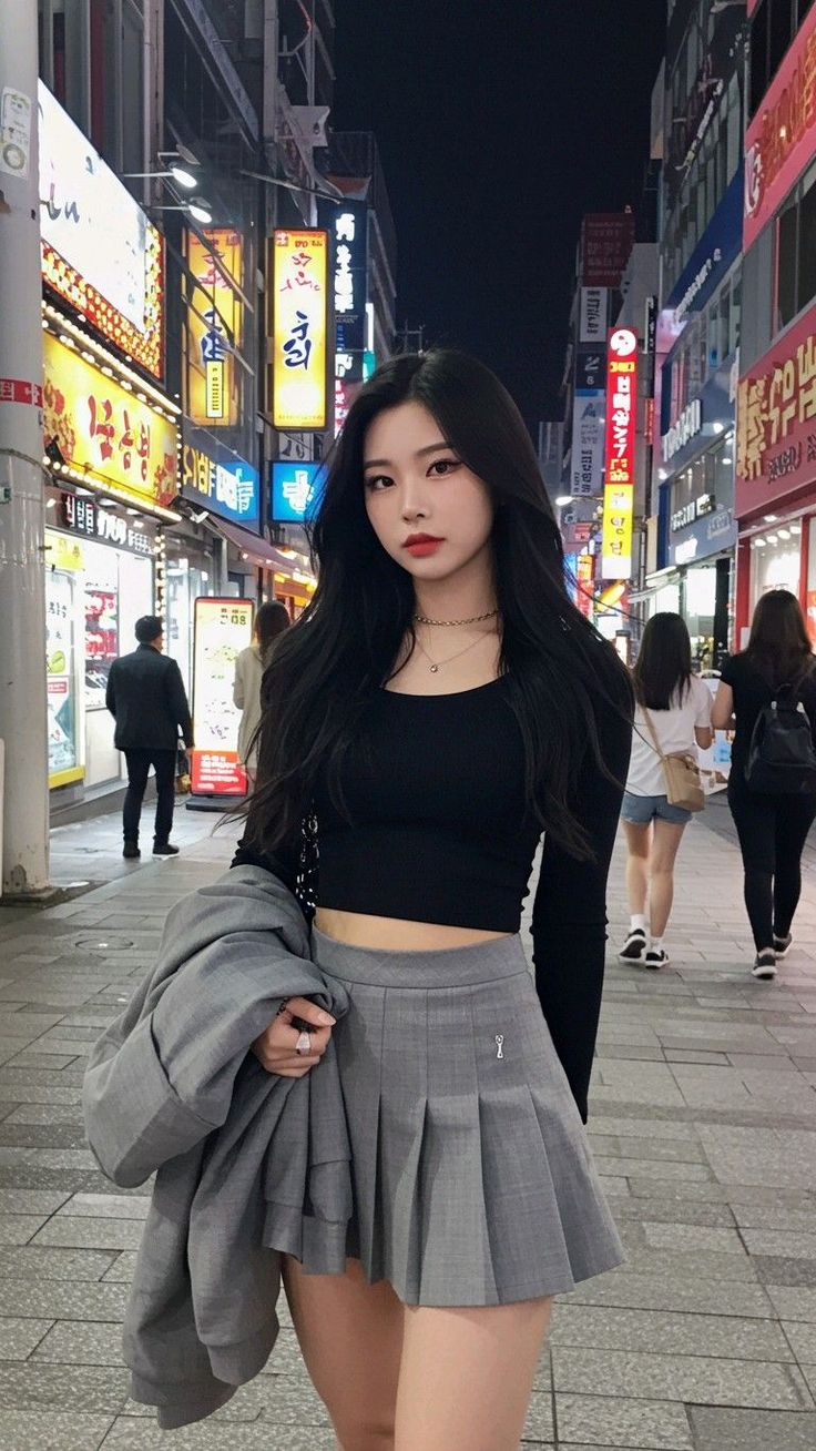 Woman with long black hair in a crop top and pleated skirt on a neon-lit street at night