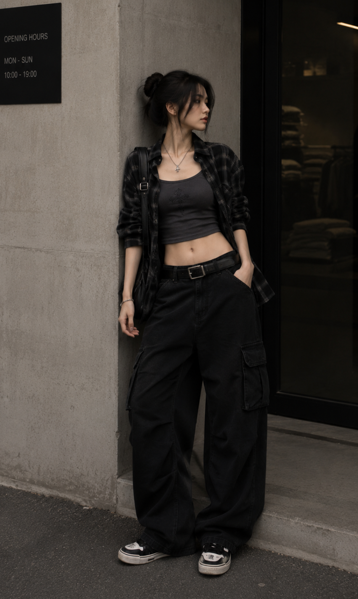 Woman in a plaid shirt and baggy pants leaning against a wall