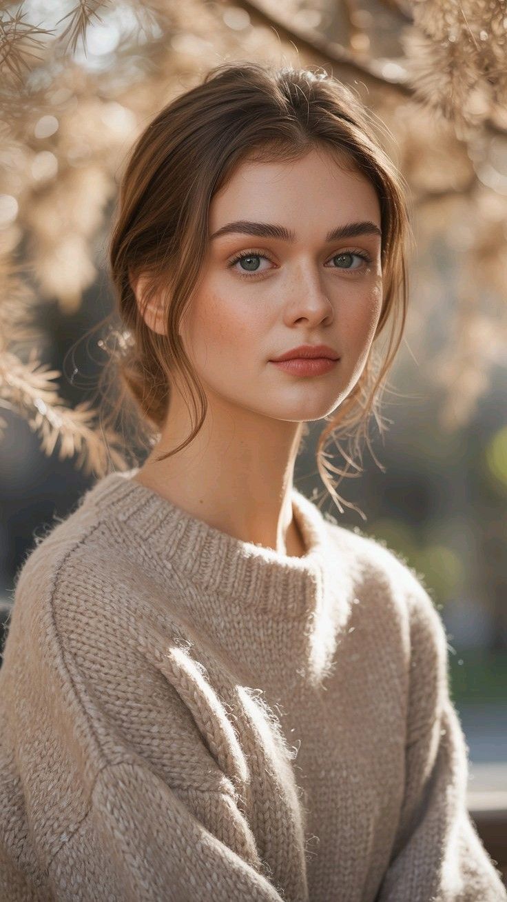 Woman with brown hair wearing a knitted sweater outdoors with soft lighting