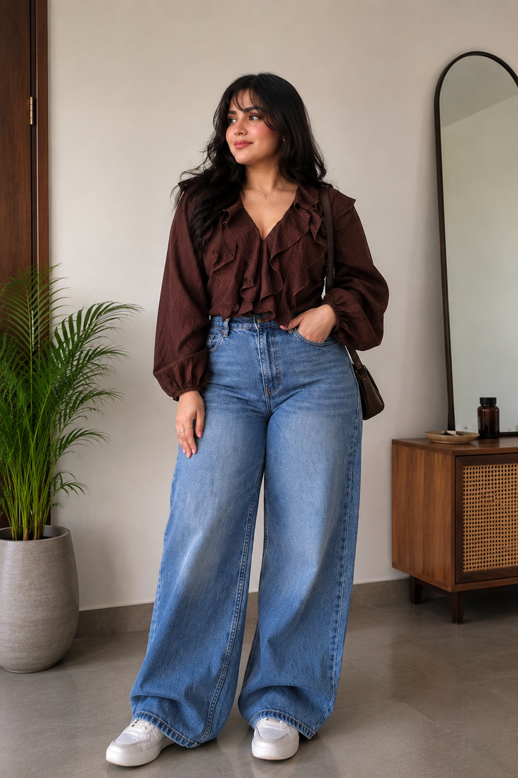 Woman with long dark hair wearing a brown ruffled blouse and wide leg jeans indoors