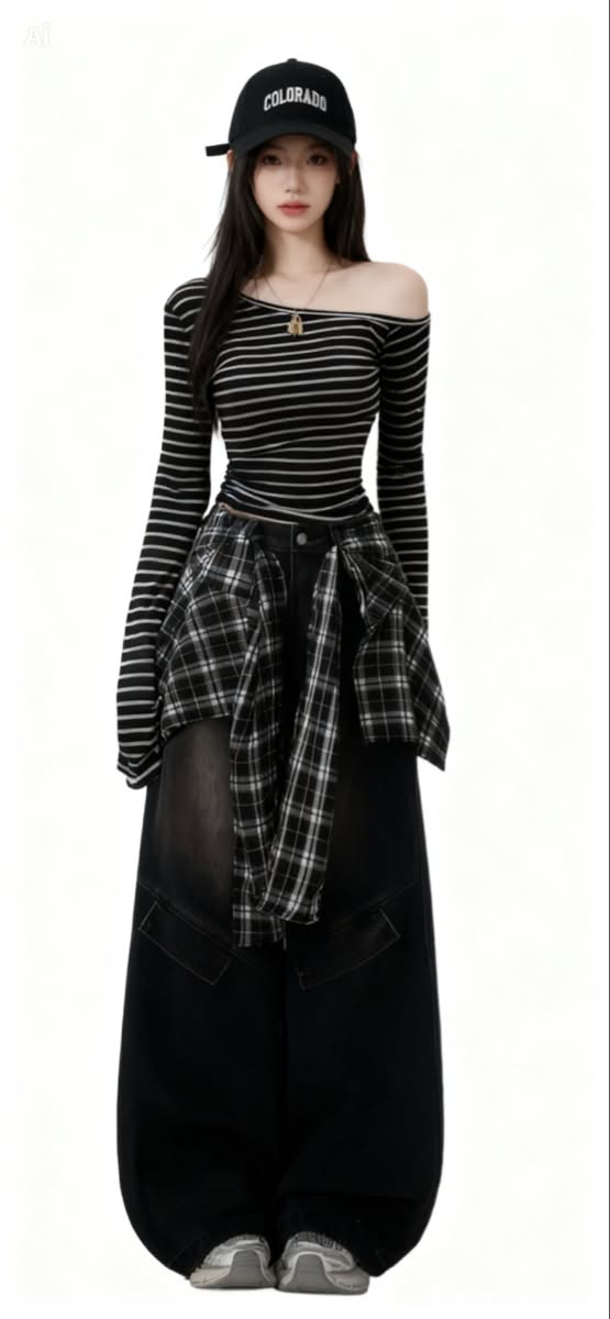 Woman in a baseball cap, striped shirt, plaid shirt, and baggy pants