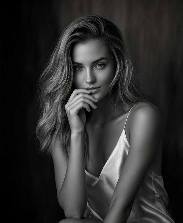 Woman with long wavy blonde hair in a satin top, shot in black and white