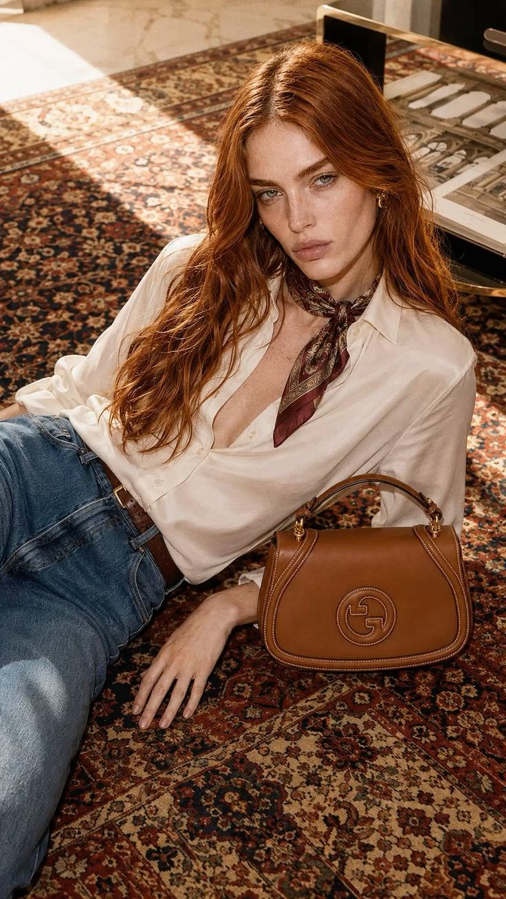 Woman with long red hair in a white shirt and jeans lying on a patterned rug