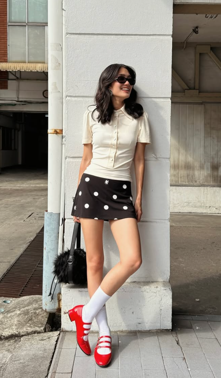 Woman in a polka dot skirt and red mary jane shoes leaning against a wall