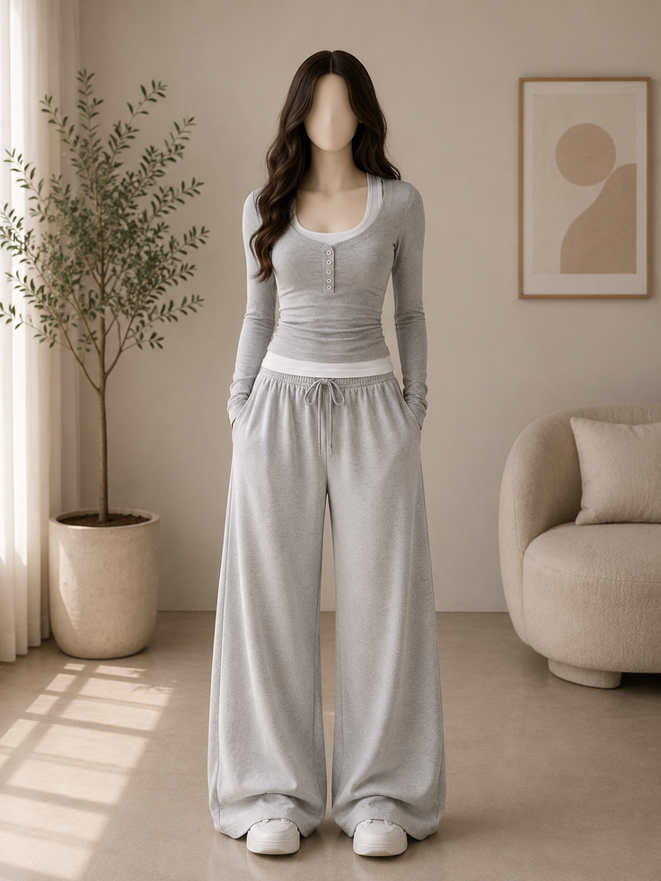 Woman with long hair in gray loungewear standing in a minimalist room
