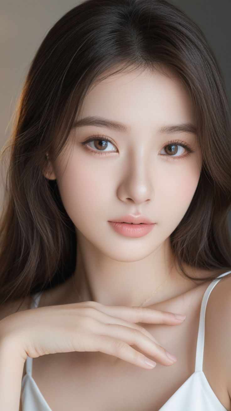Woman with long brown hair wearing a white top, looking directly at the viewer