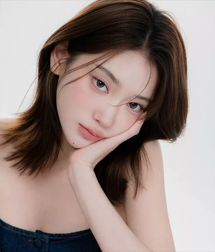 Woman with brown short hair and light eyes wearing a denim top