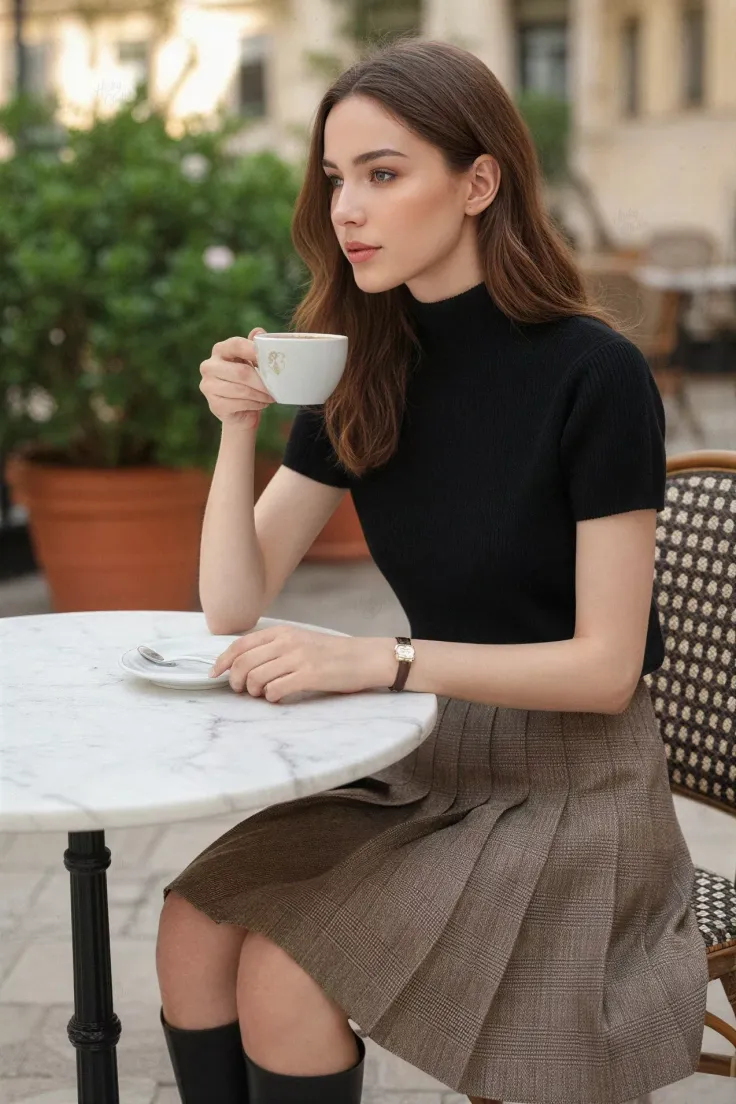 Woman with long hair in a black top and pleated skirt sitting at an outdoor cafe