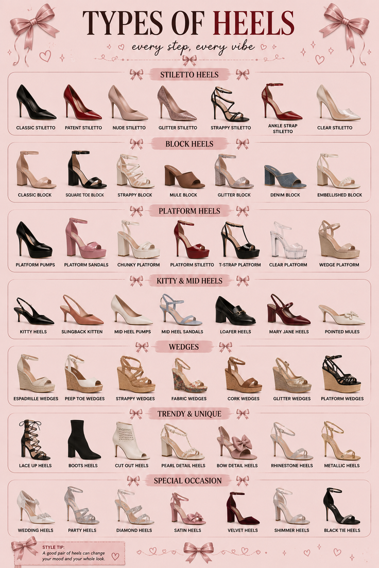 An illustration showcasing various types of heels on a pink background
