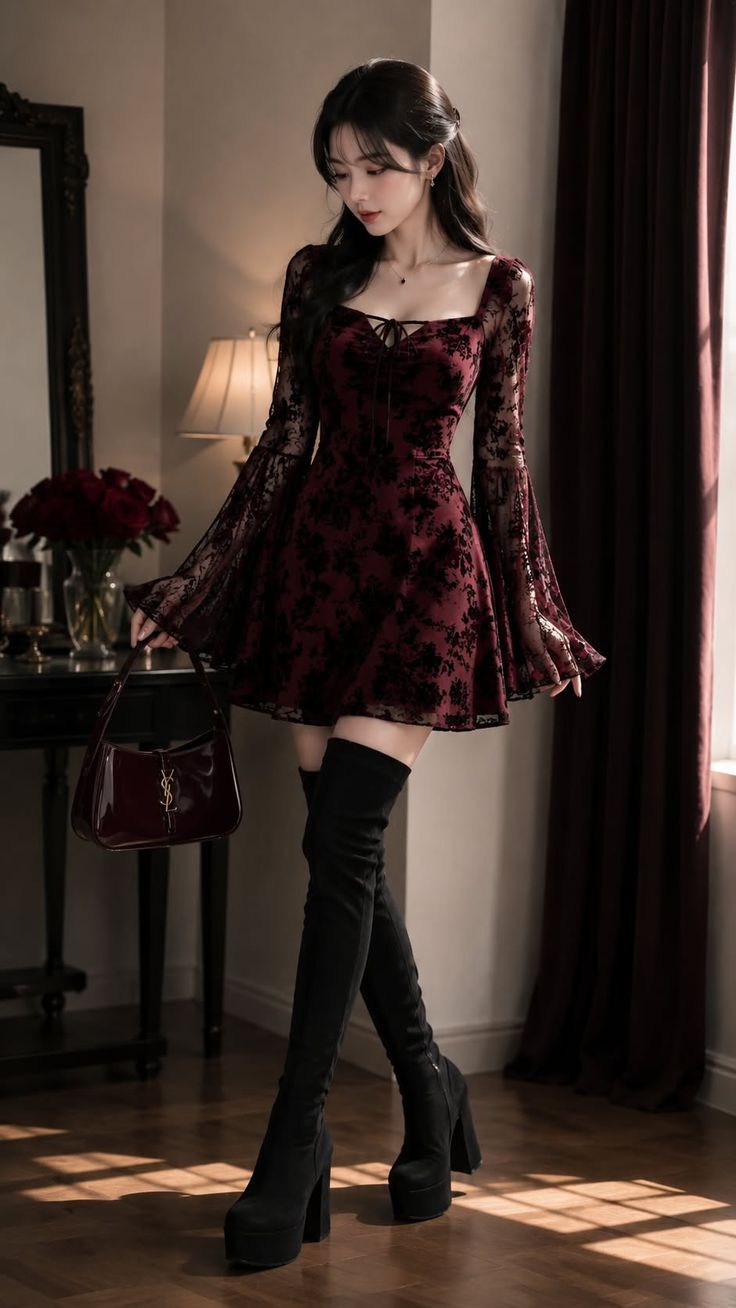 Woman in a red dress and thigh-high boots holding a handbag indoors