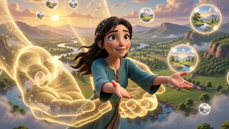 A young woman with glowing hands and floating bubbles containing landscapes