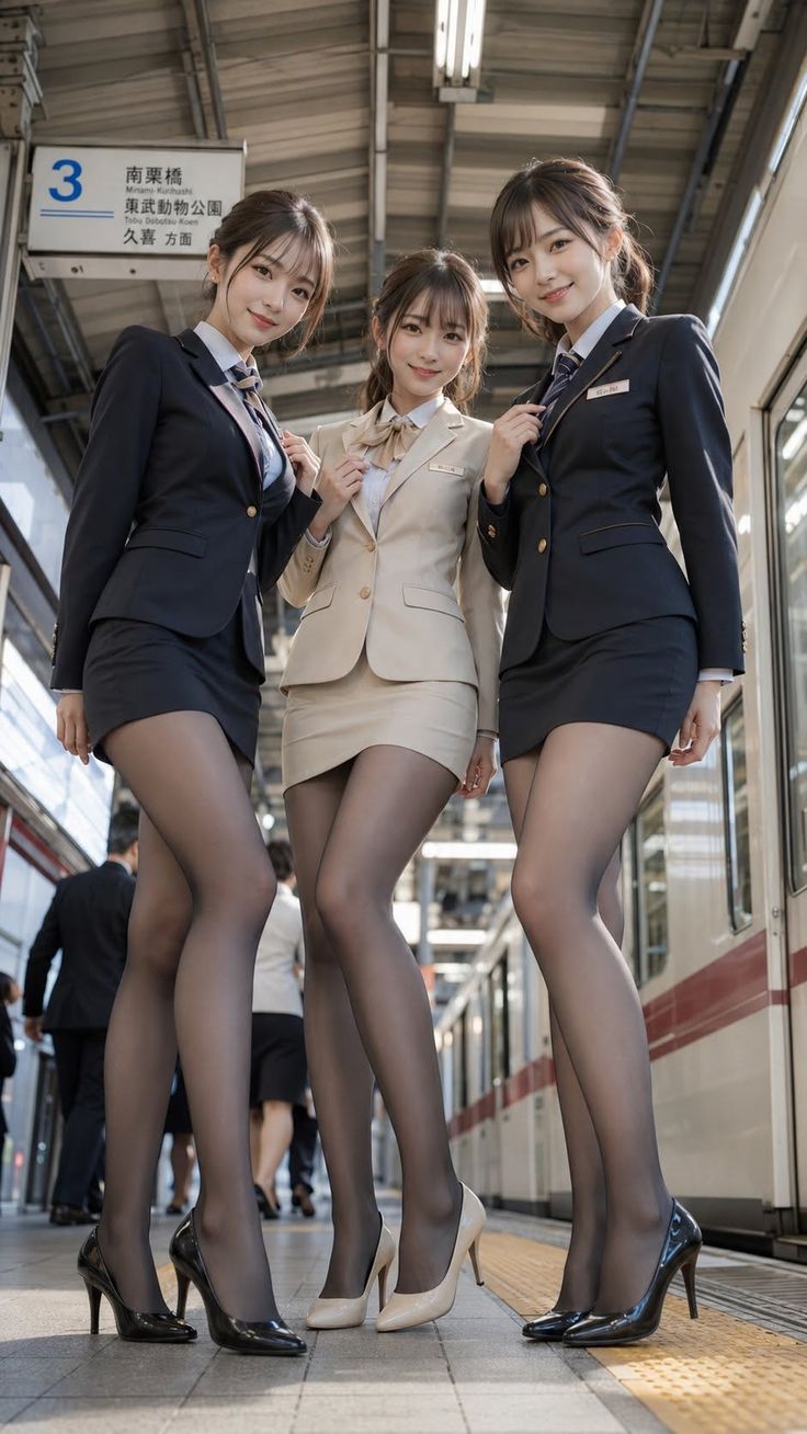 Three women in business attire and pantyhose posing at a train station
