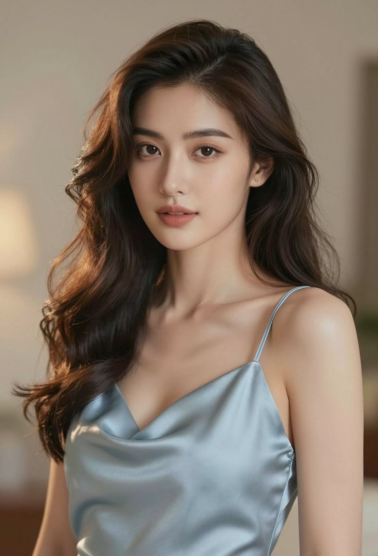Woman with long dark hair wearing a blue slip dress in soft indoor lighting