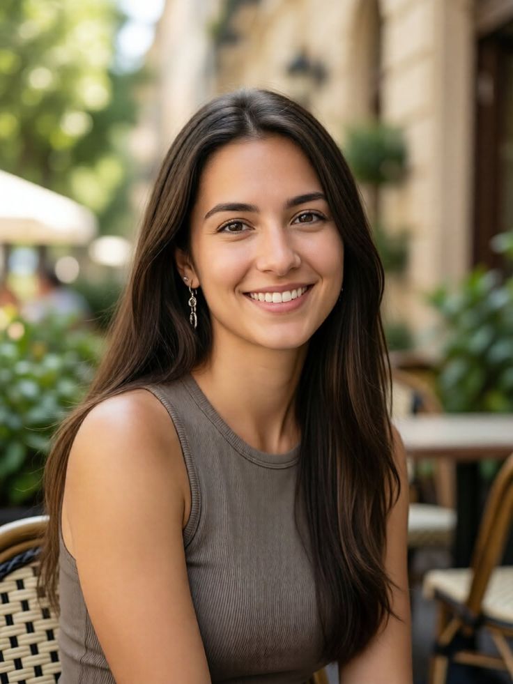 Smiling woman with long dark hair wearing a sleeveless top outdoors