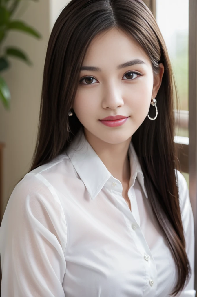Woman with long dark hair wearing a sheer white shirt and earrings