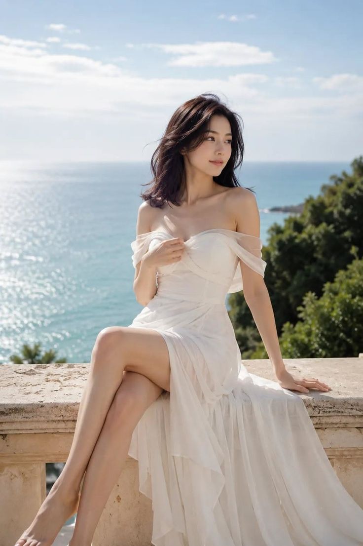 Woman in a white dress sitting on a stone wall with an ocean view