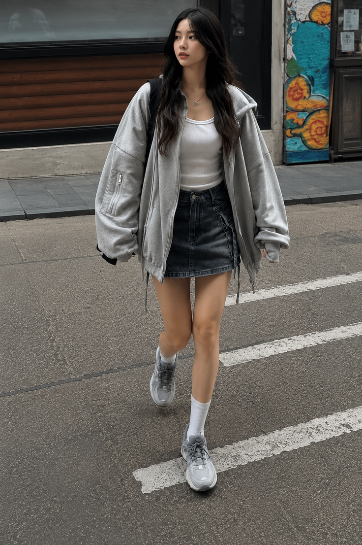 Woman with long dark hair wearing a hoodie and denim skirt walking on a street