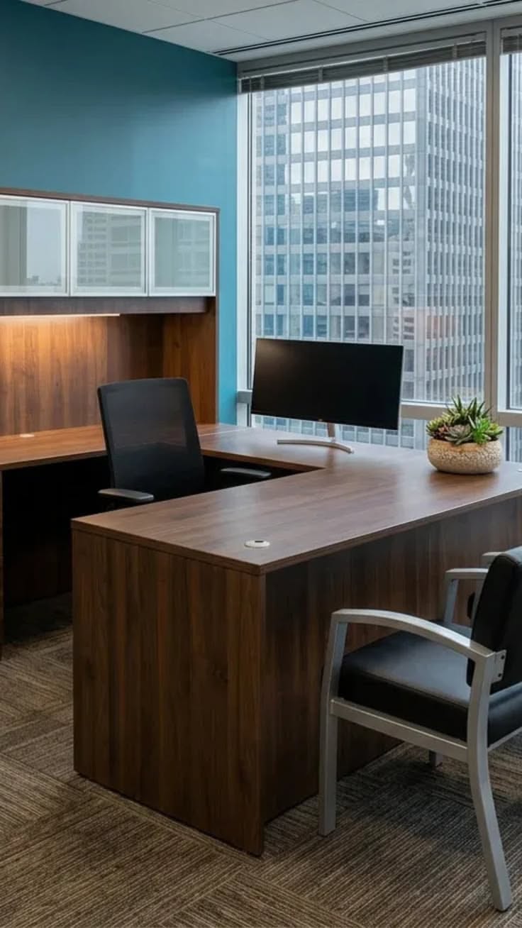 Modern office with a wooden desk, office chair, and a view of a cityscape