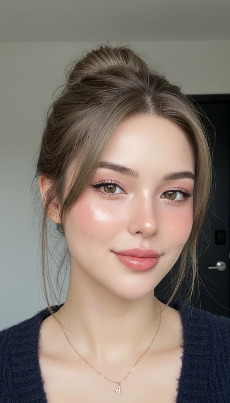Woman with a hair bun and natural makeup wearing a gold necklace
