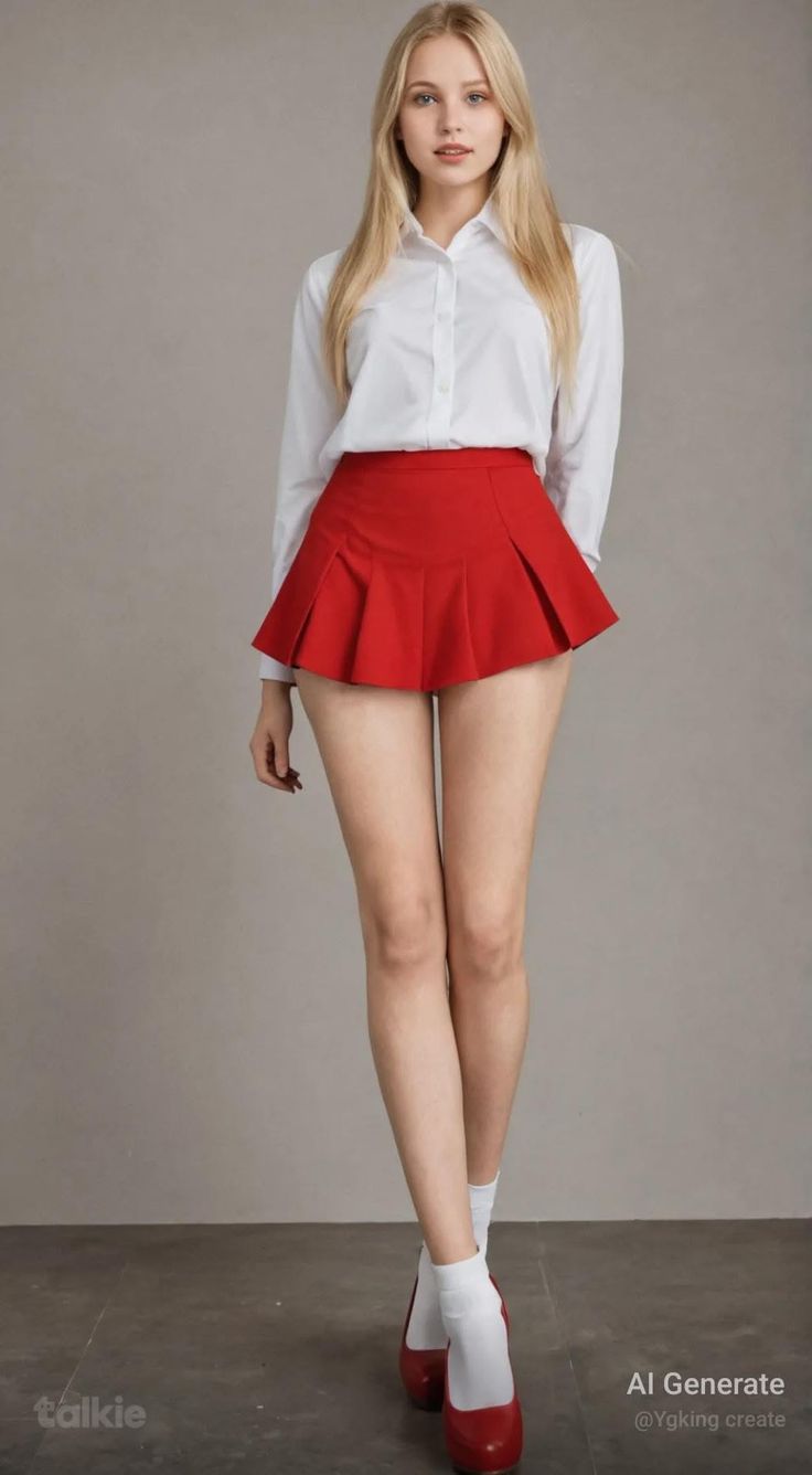 Blonde woman in a white shirt and short red pleated skirt