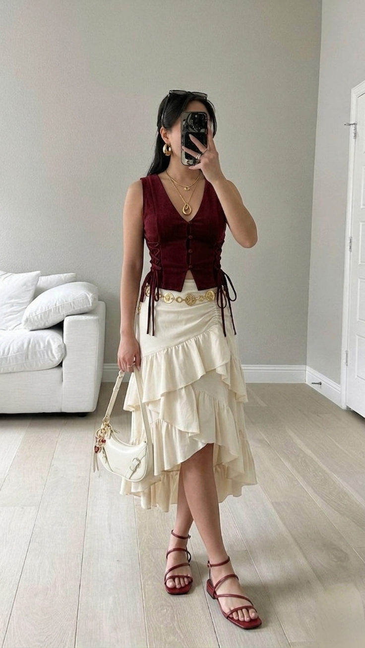 Woman in a velvet top and ruffled skirt holding a shoulder bag indoors