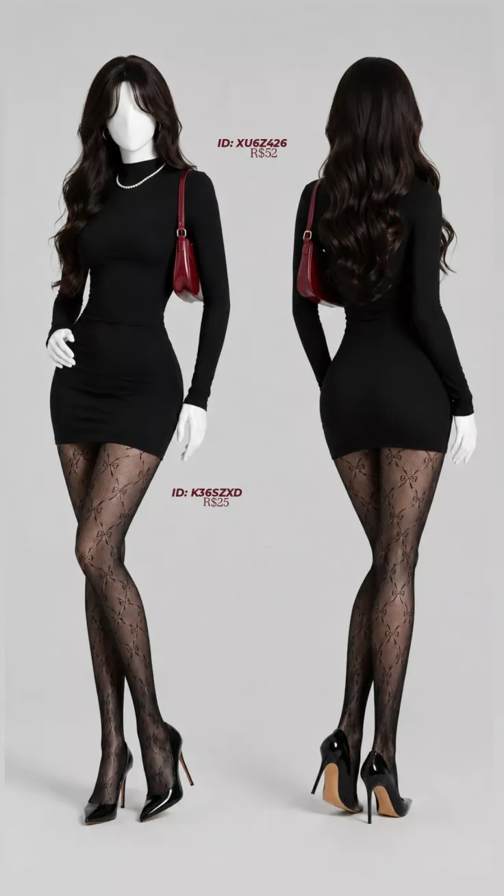 Mannequin in a black dress, patterned tights, and high heels with a red handbag