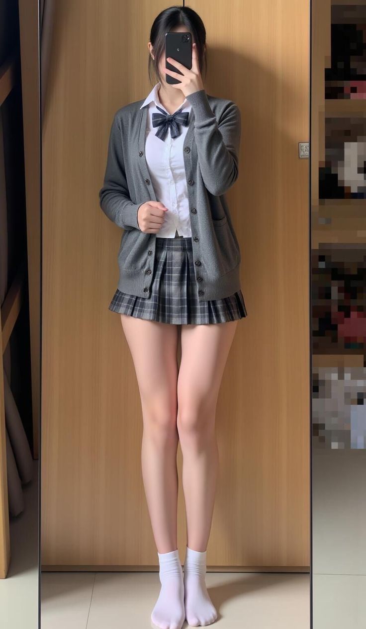 Person in a school uniform taking a mirror selfie