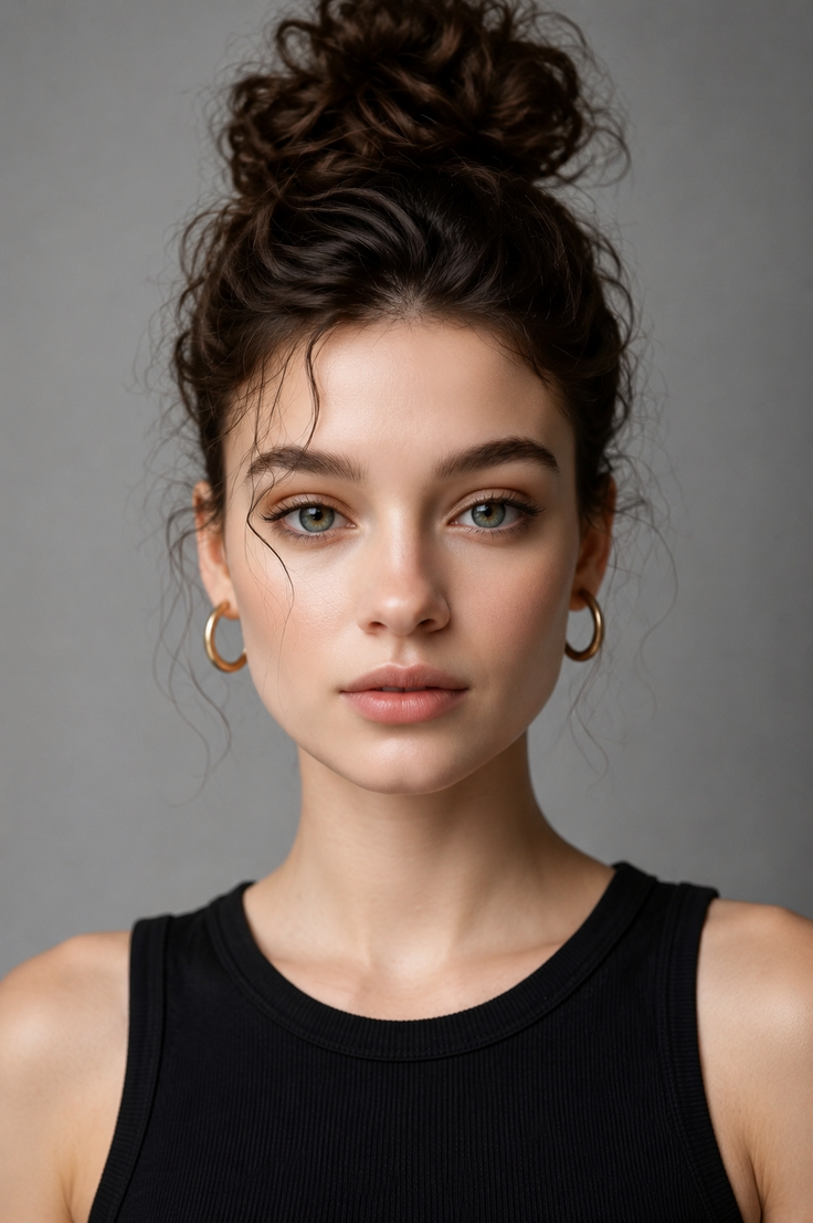 Woman with a messy bun and green eyes wearing a black top and gold hoop earrings